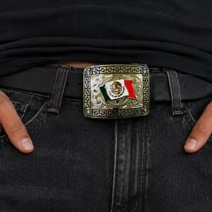 Mexican Flag Western Belt Buckle Silver Tone Enamel Cowboy Rodeo